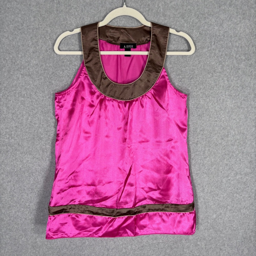 Y2K Vintage A Byer Satin Blouse Tank Top Medium Hot Pink Brown Phoebe Glam 2000s